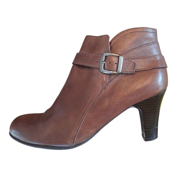 NURTURE Talin Brown Premium Leather Heeled Zip Ankle Boot 9.5M Buckle Bootie - Picture 13 of 16